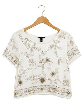 Beaded Sequin Embellished Cropped Top Ivory Floral Boho Large Statement Event